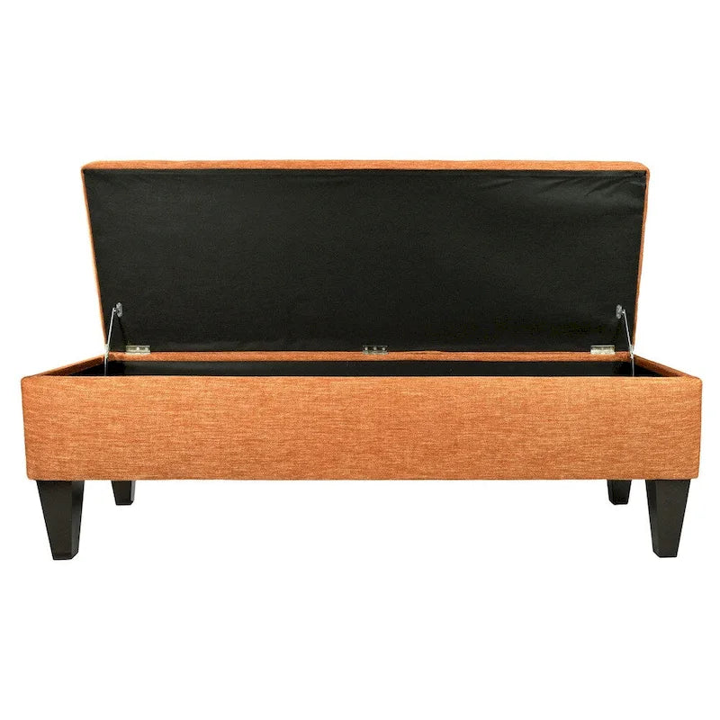 Banc de rangement long capitonné en tissu/bois de couleur unie