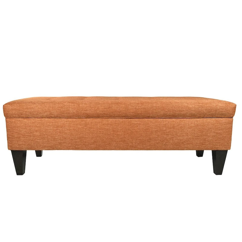 Banc de rangement long capitonné en tissu/bois de couleur unie