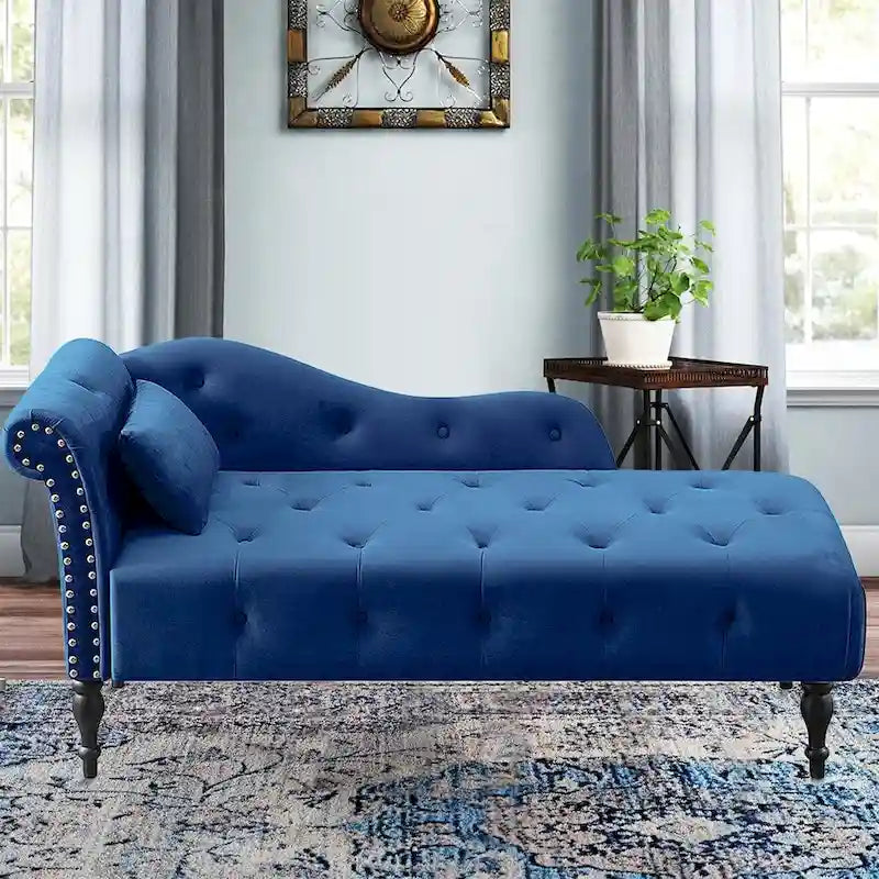 Méridienne en velours de 60 W avec oreiller, capitonnée et garniture cloutée