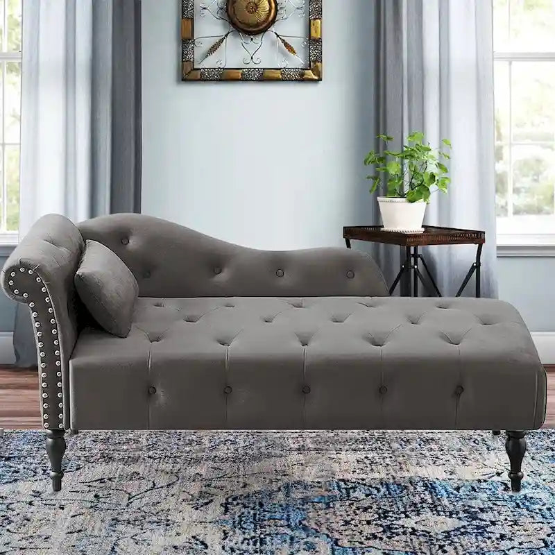 Méridienne en velours de 60 W avec oreiller, capitonnée et garniture cloutée