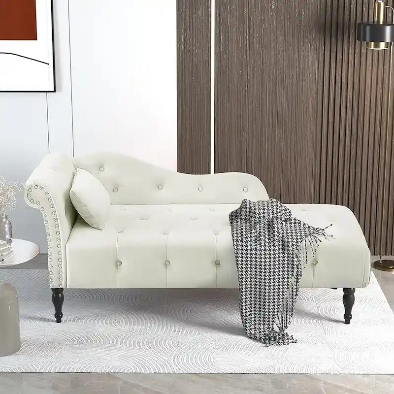 Méridienne en velours de 60 W avec oreiller, capitonnée et garniture cloutée