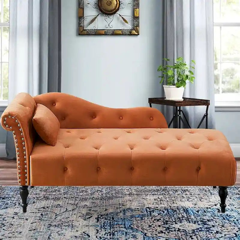 Méridienne en velours de 60 W avec oreiller, capitonnée et garniture cloutée