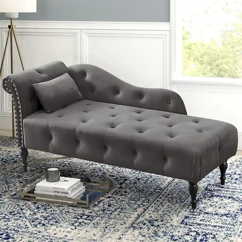 Méridienne en velours de 60 W avec oreiller, capitonnée et garniture cloutée