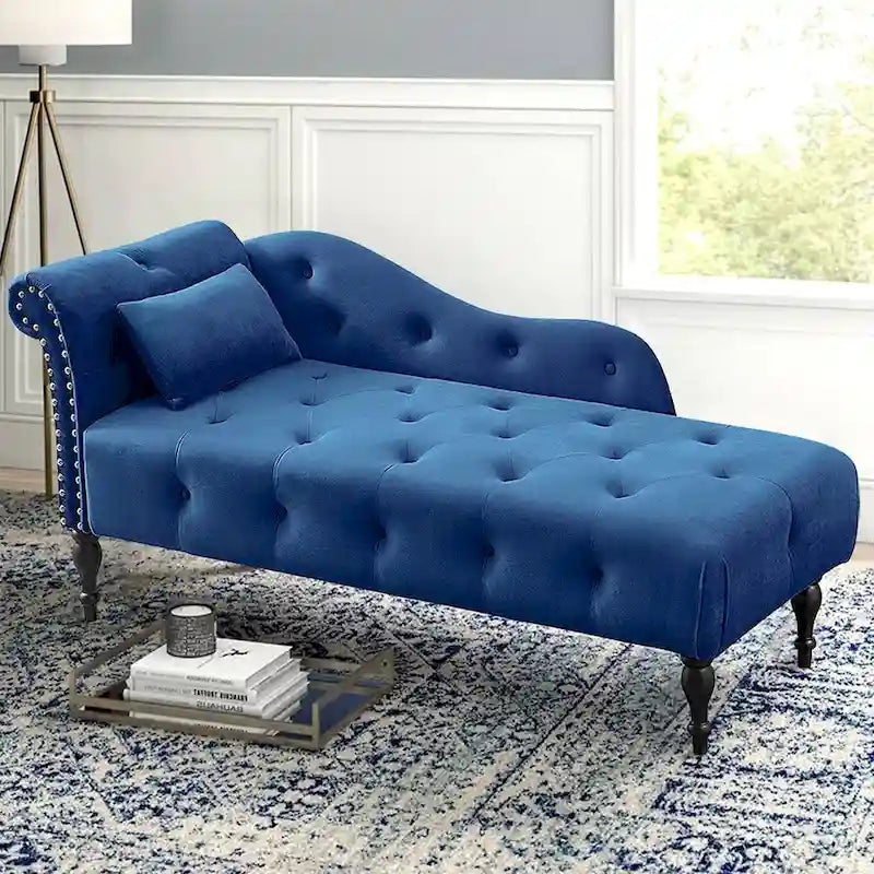 Méridienne en velours de 60 W avec oreiller, capitonnée et garniture cloutée