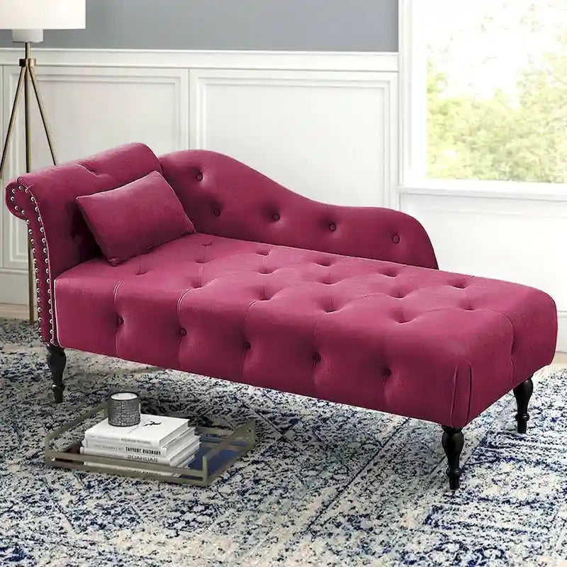 Méridienne en velours de 60 W avec oreiller, capitonnée et garniture cloutée