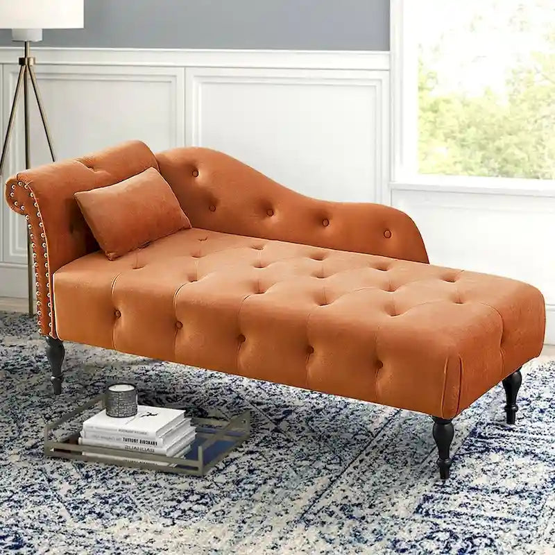 Méridienne en velours de 60 W avec oreiller, capitonnée et garniture cloutée