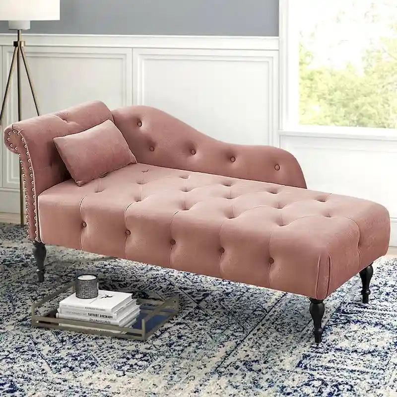 Méridienne en velours de 60 W avec oreiller, capitonnée et garniture cloutée
