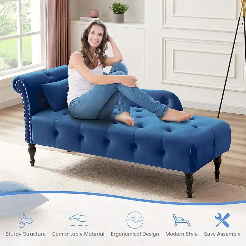 Méridienne en velours de 60 W avec oreiller, capitonnée et garniture cloutée