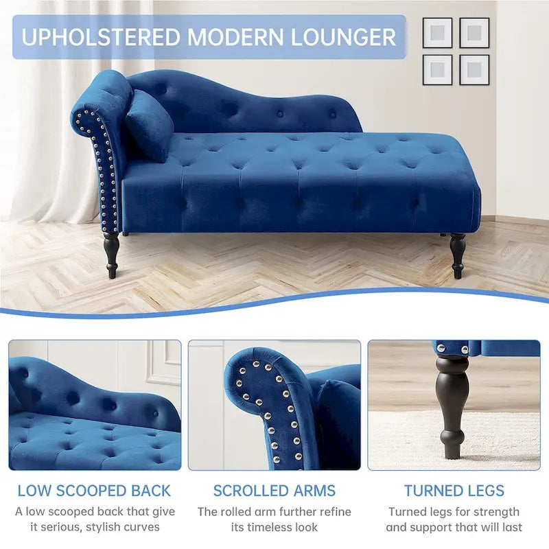 Méridienne en velours de 60 W avec oreiller, capitonnée et garniture cloutée