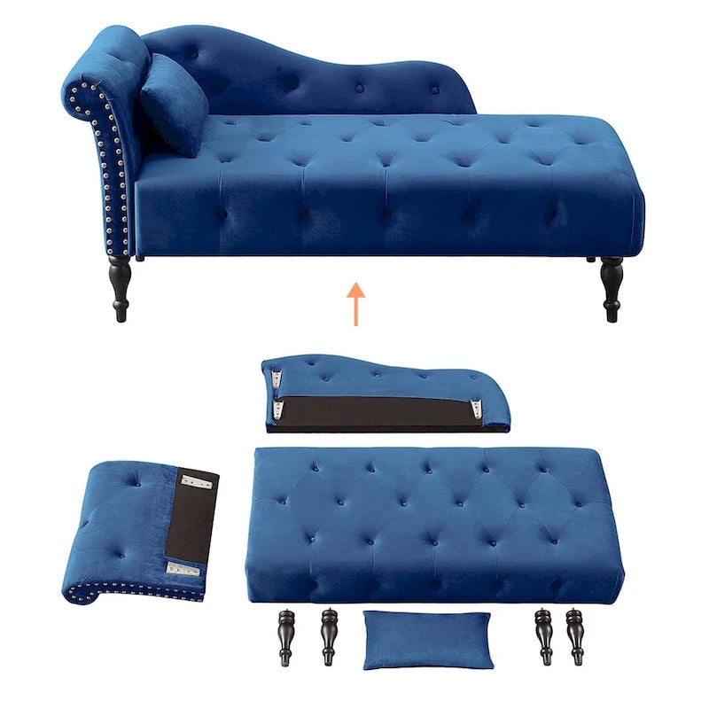 Méridienne en velours de 60 W avec oreiller, capitonnée et garniture cloutée