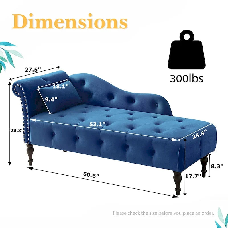 Méridienne en velours de 60 W avec oreiller, capitonnée et garniture cloutée