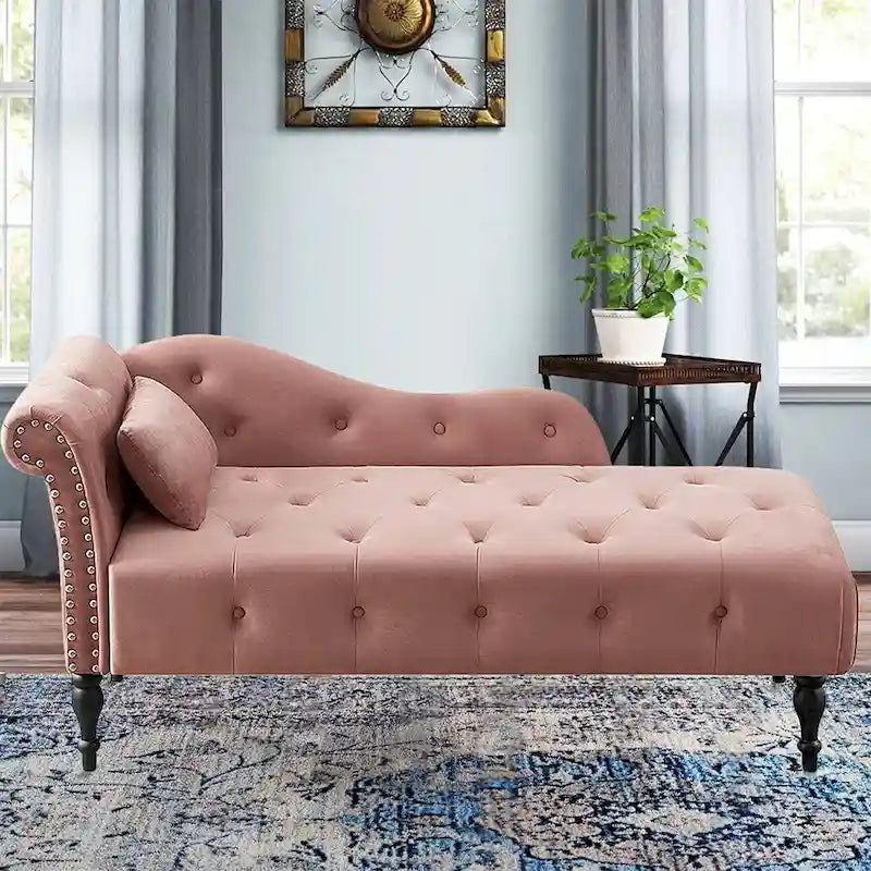 Méridienne en velours de 60 W avec oreiller, capitonnée et garniture cloutée