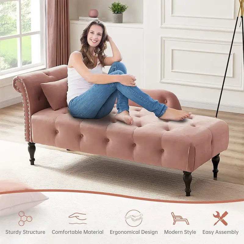 Méridienne en velours de 60 W avec oreiller, capitonnée et garniture cloutée