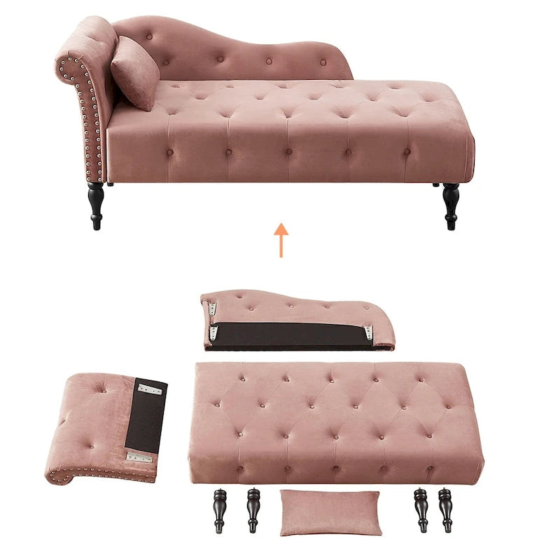 Méridienne en velours de 60 W avec oreiller, capitonnée et garniture cloutée
