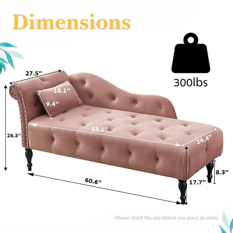 Méridienne en velours de 60 W avec oreiller, capitonnée et garniture cloutée