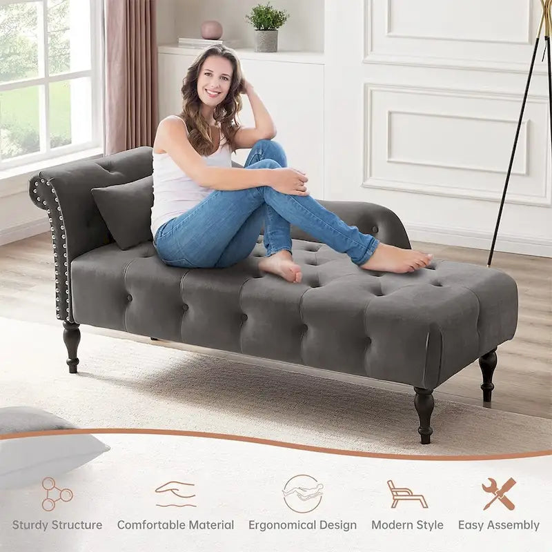 Méridienne en velours de 60 W avec oreiller, capitonnée et garniture cloutée