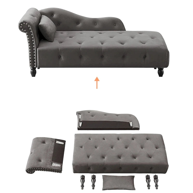 Méridienne en velours de 60 W avec oreiller, capitonnée et garniture cloutée