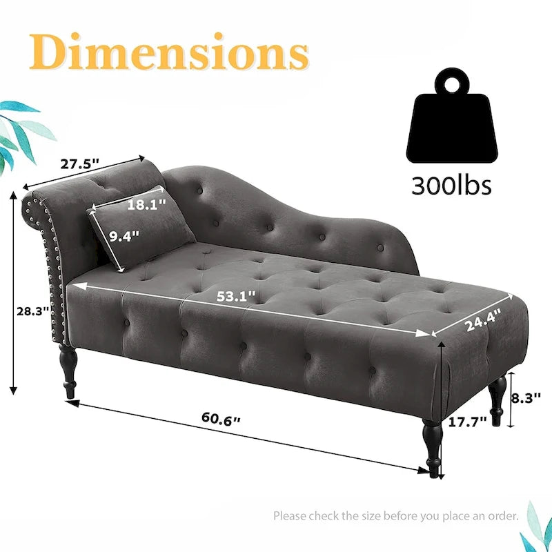 Méridienne en velours de 60 W avec oreiller, capitonnée et garniture cloutée
