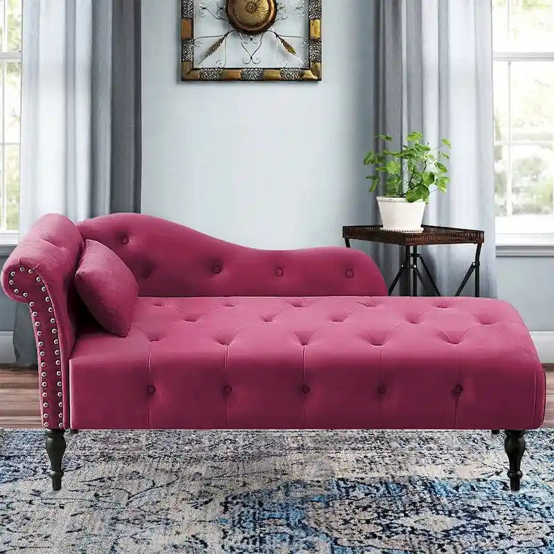 Méridienne en velours de 60 W avec oreiller, capitonnée et garniture cloutée