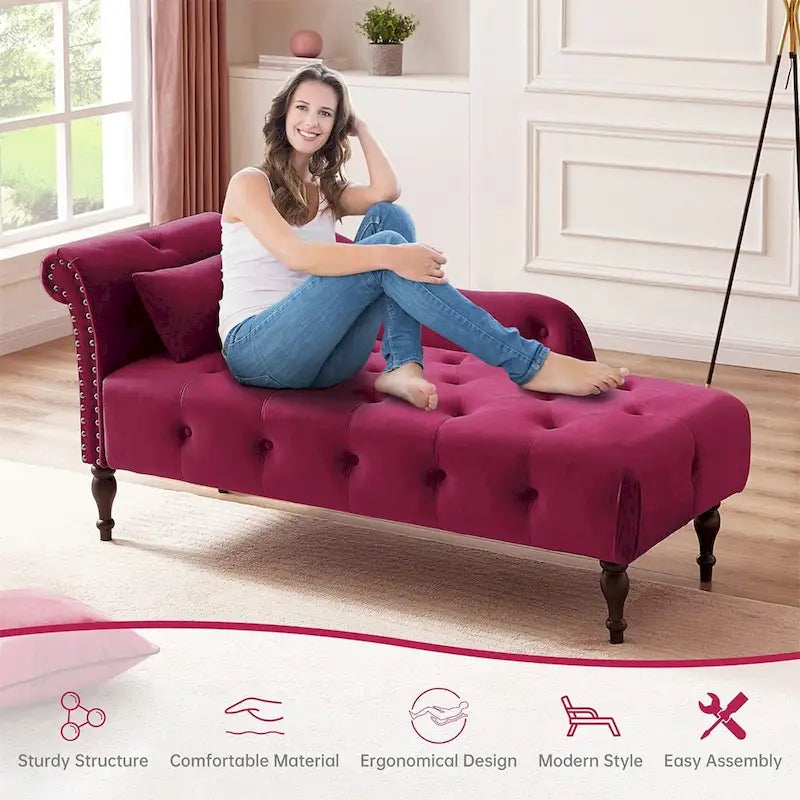 Méridienne en velours de 60 W avec oreiller, capitonnée et garniture cloutée