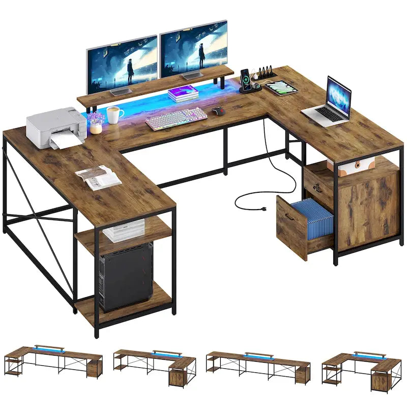 Bureau informatique à DEL en forme de U et de L avec prises de courant