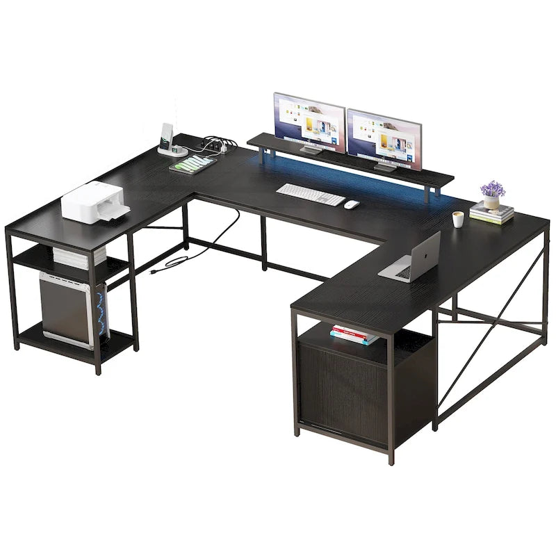 Bureau informatique à DEL en forme de U et de L avec prises de courant