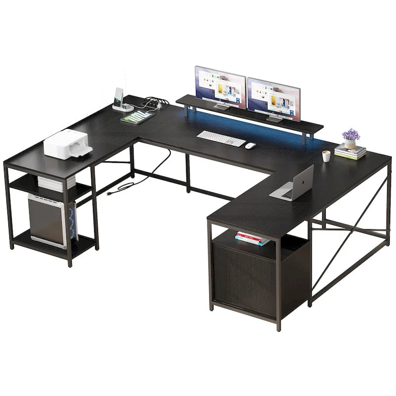Bureau informatique à DEL en forme de U et de L avec prises de courant