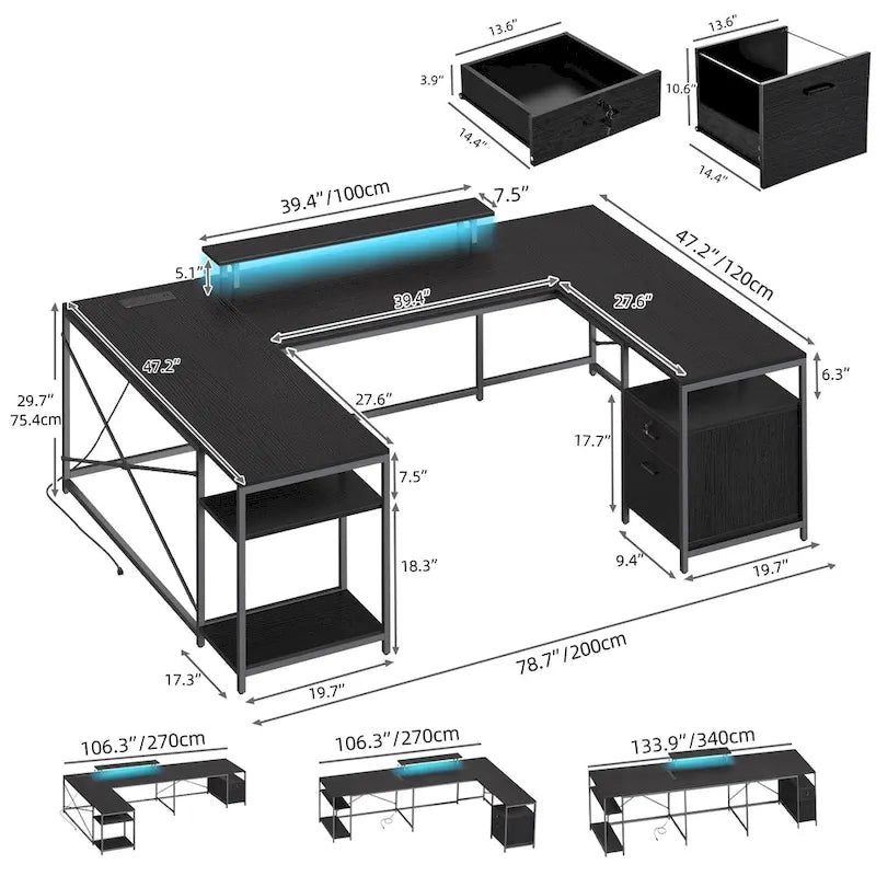 Bureau informatique à DEL en forme de U et de L avec prises de courant