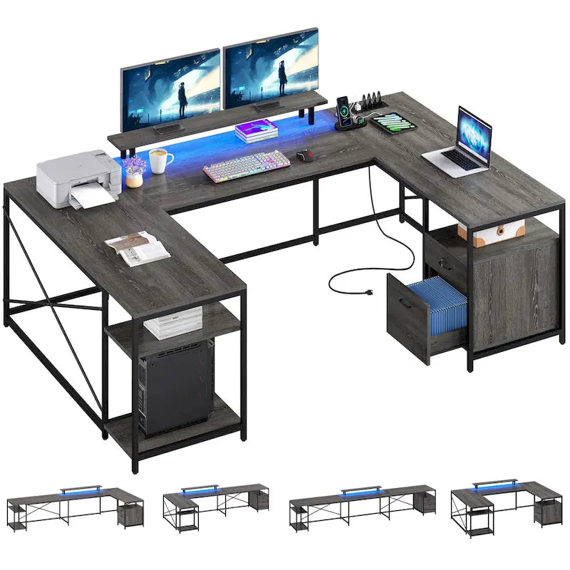 Bureau informatique à DEL en forme de U et de L avec prises de courant