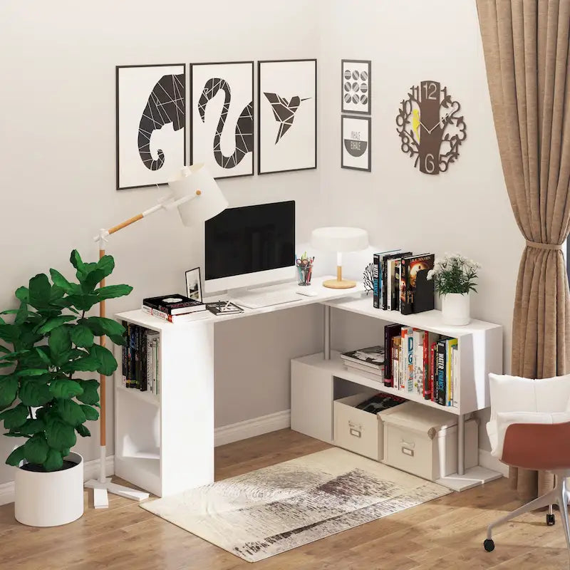 Bureau d'ordinateur d'angle rotatif de 55" : Poste de travail en L avec étagères de rangement