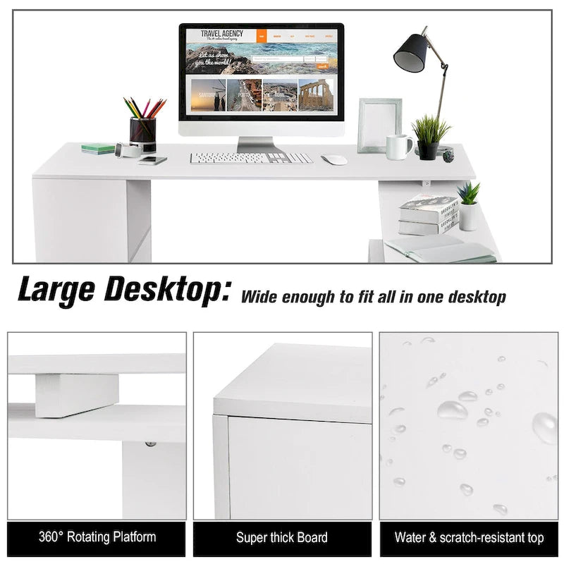 Bureau d'ordinateur d'angle rotatif de 55" : Poste de travail en L avec étagères de rangement