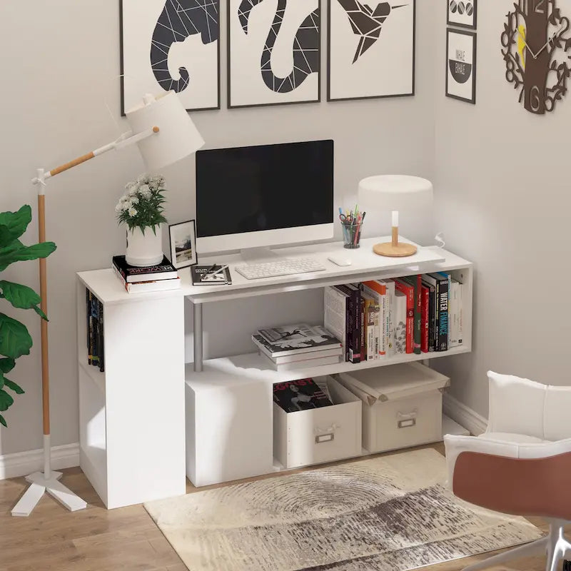 Bureau d'ordinateur d'angle rotatif de 55" : Poste de travail en L avec étagères de rangement