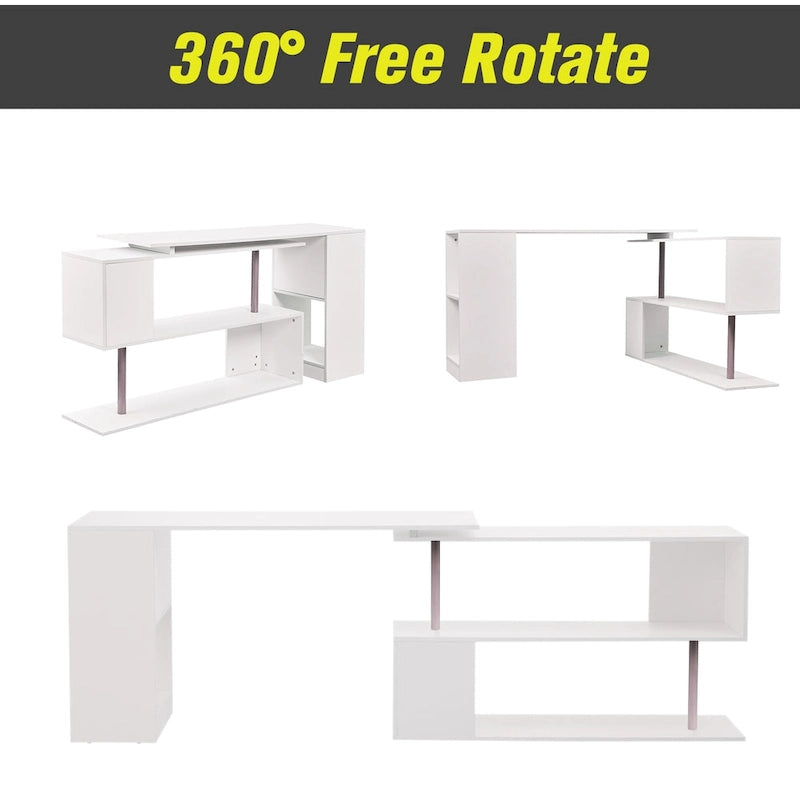 Bureau d'ordinateur d'angle rotatif de 55" : Poste de travail en L avec étagères de rangement
