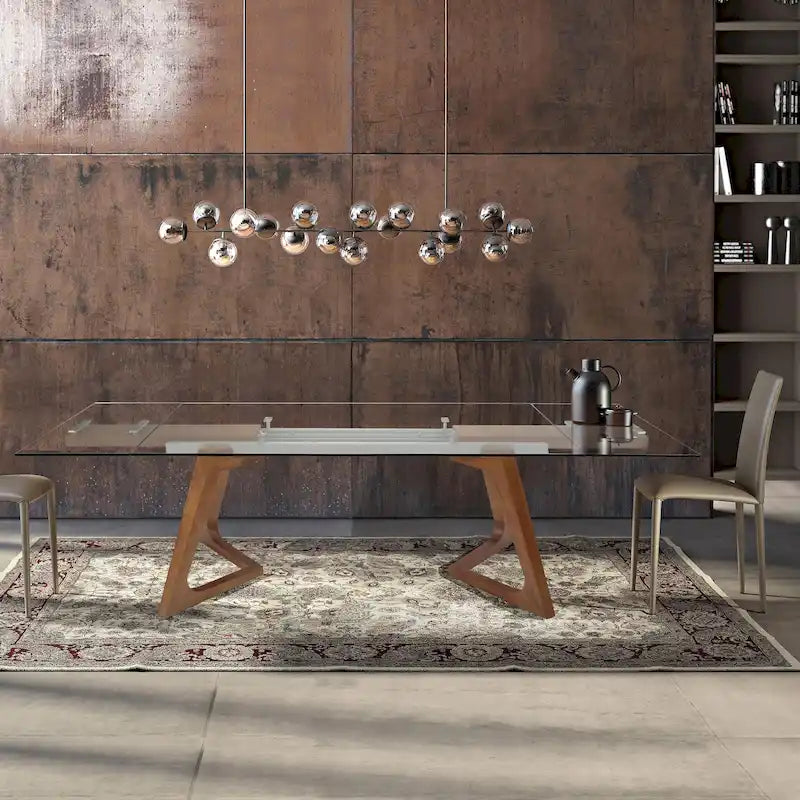 Table à manger extensible avec plateau en verre transparent et pieds en bois - 63/94,5*35,43*29,53 pouces
