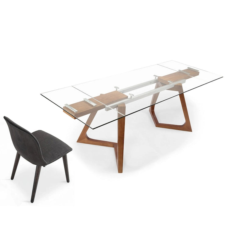 Table à manger extensible avec plateau en verre transparent et pieds en bois - 63/94,5*35,43*29,53 pouces