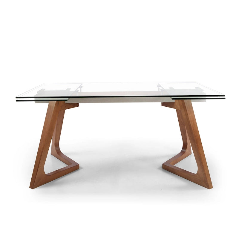 Table à manger extensible avec plateau en verre transparent et pieds en bois - 63/94,5*35,43*29,53 pouces