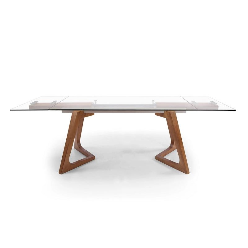 Table à manger extensible avec plateau en verre transparent et pieds en bois - 63/94,5*35,43*29,53 pouces