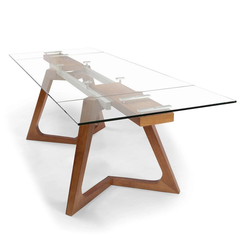 Table à manger extensible avec plateau en verre transparent et pieds en bois - 63/94,5*35,43*29,53 pouces