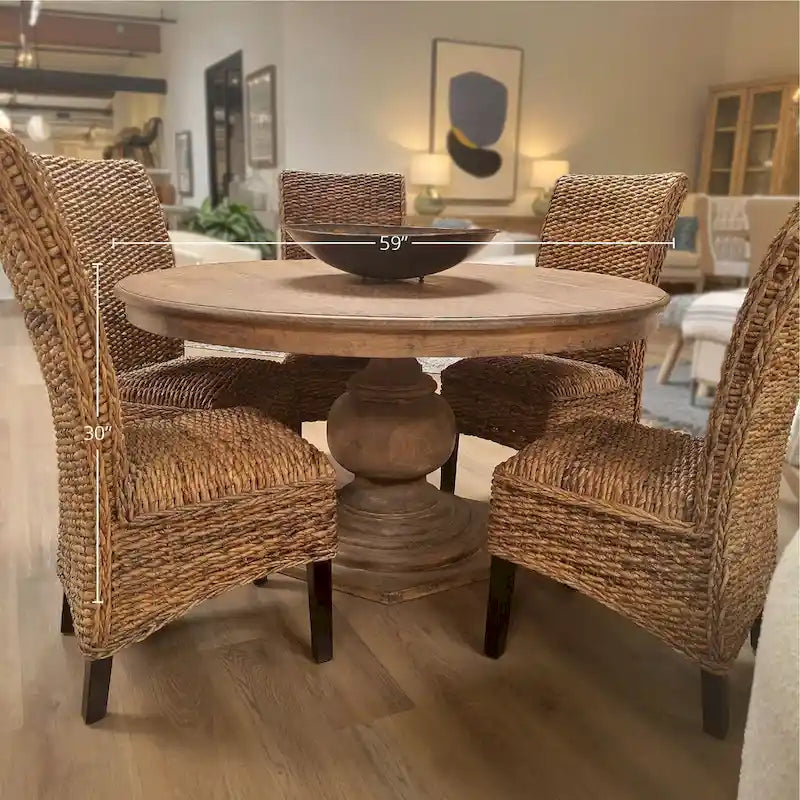 Table à manger ronde en pin récupéré de 59 pouces, style antique naturel, avec piédestal sculpté