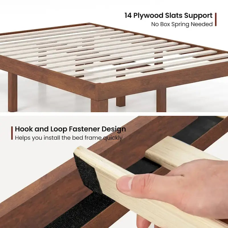 Cadre de lit plateforme en bois pleine taille 14" avec support de lattes robuste