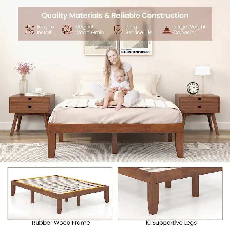 Cadre de lit plateforme en bois pleine taille 14" avec support de lattes robuste