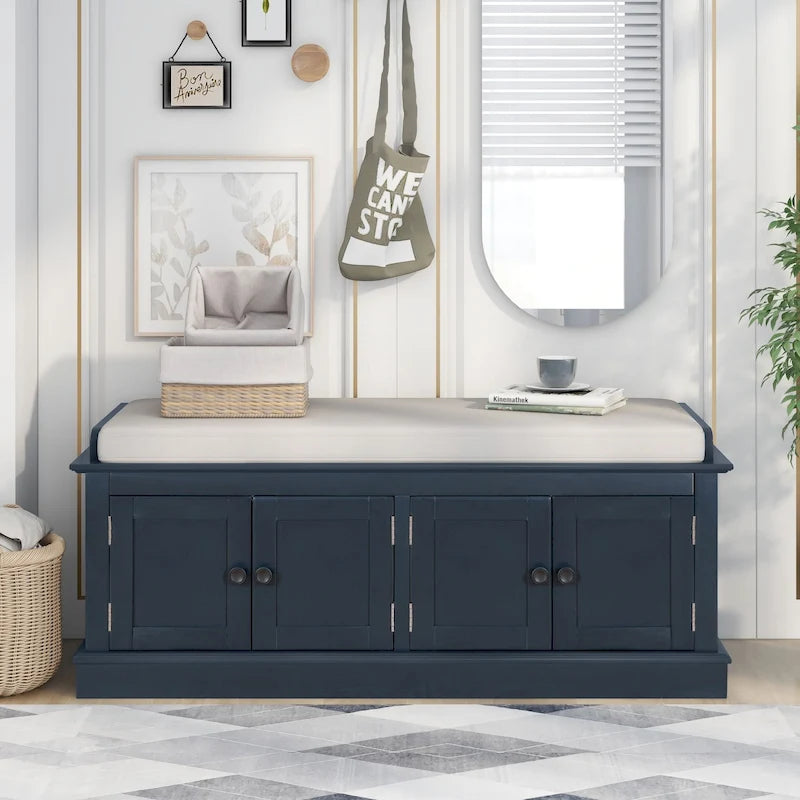 Banc de rangement avec 4 portes et étagères réglables, coussin amovible
