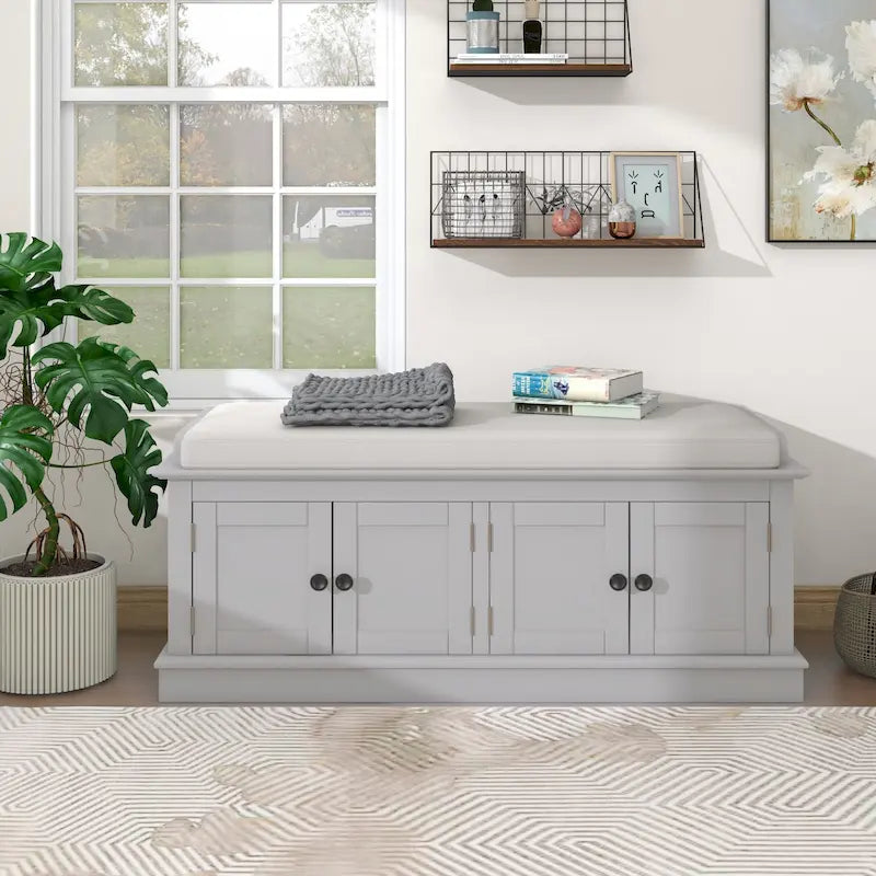 Banc de rangement avec 4 portes et étagères réglables, coussin amovible