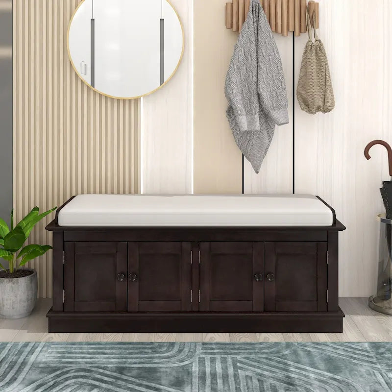 Banc de rangement avec 4 portes et étagères réglables, coussin amovible