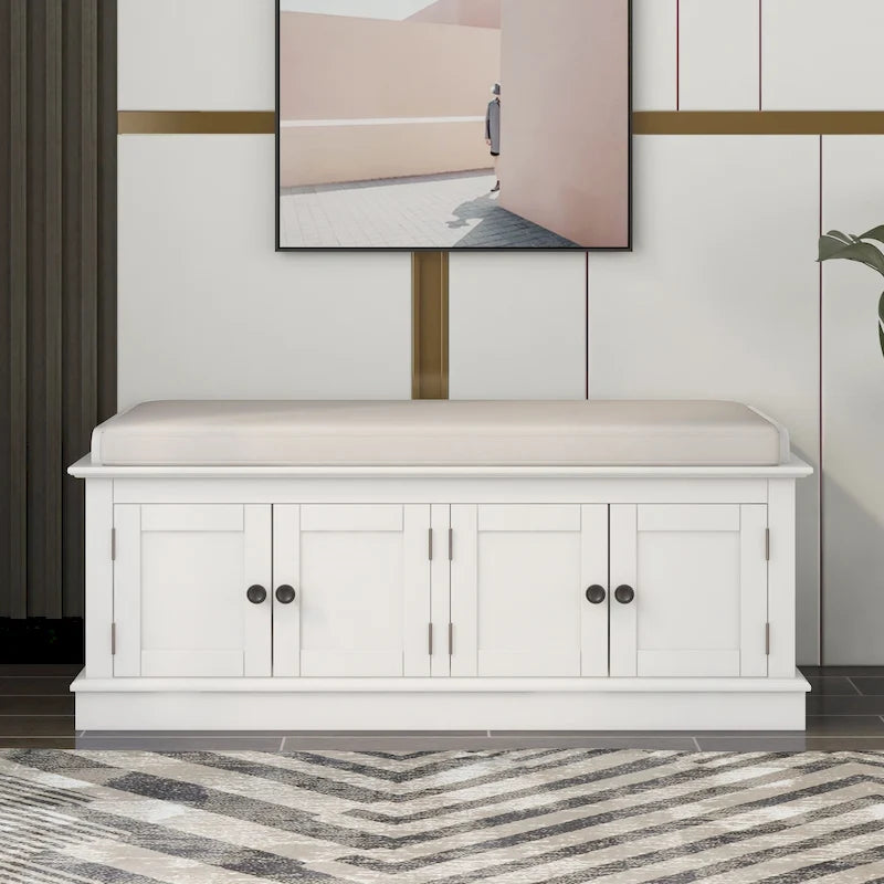 Banc de rangement avec 4 portes et étagères réglables, coussin amovible