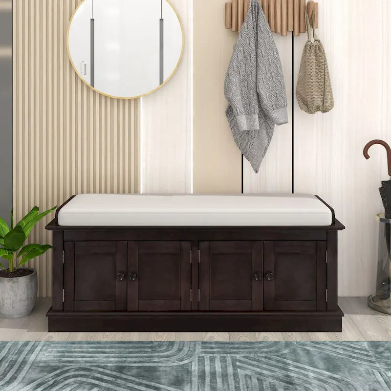 Banc de rangement avec 4 portes et étagères réglables, coussin amovible