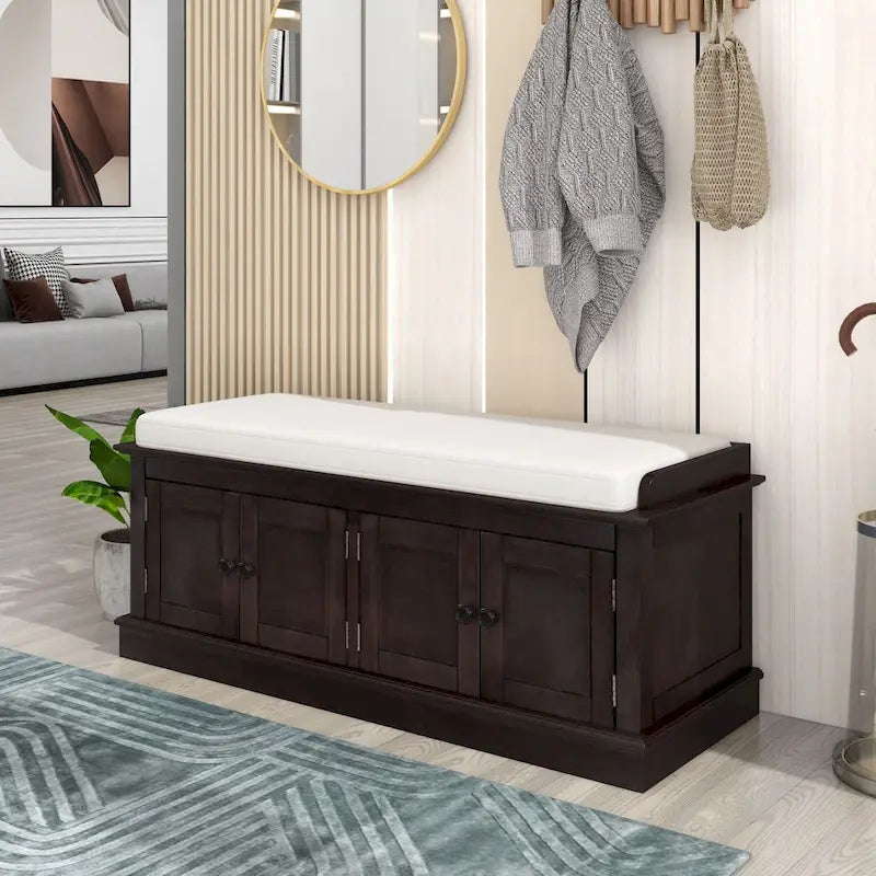 Banc de rangement avec 4 portes et étagères réglables, coussin amovible