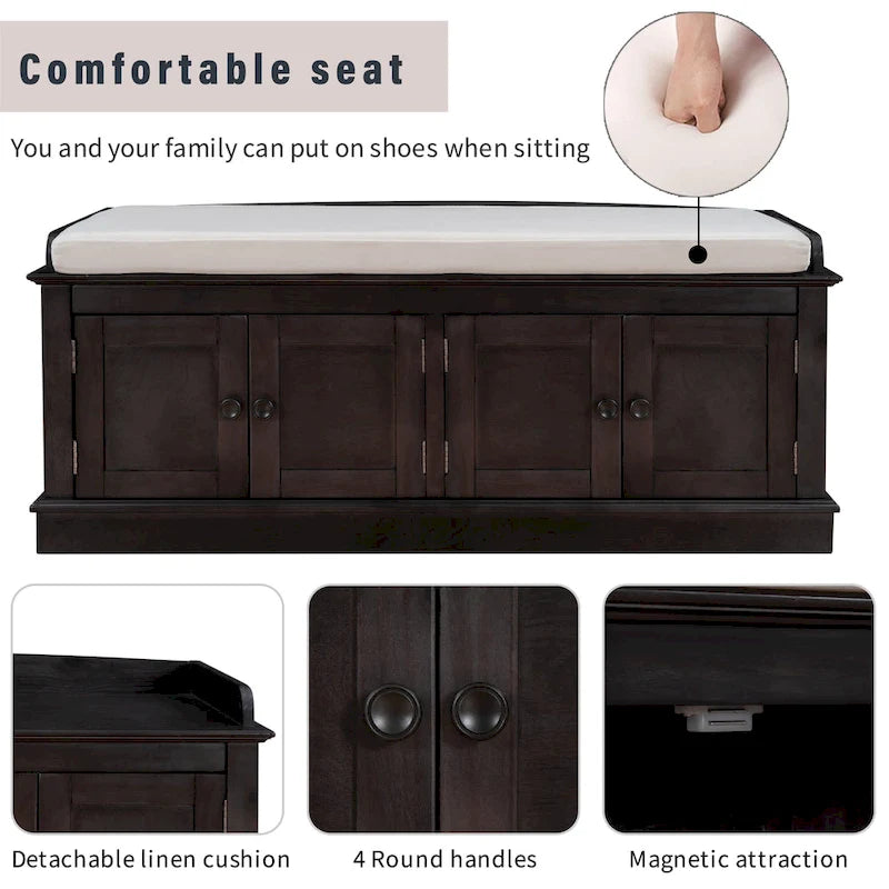 Banc de rangement avec 4 portes et étagères réglables, coussin amovible