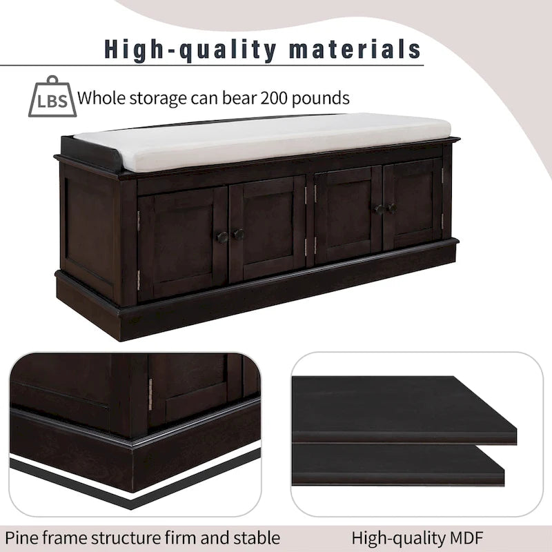 Banc de rangement avec 4 portes et étagères réglables, coussin amovible
