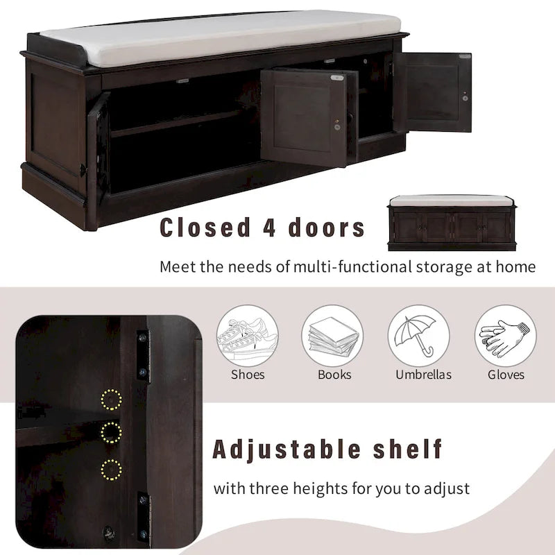 Banc de rangement avec 4 portes et étagères réglables, coussin amovible